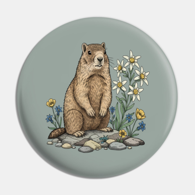 Alpine Marmot with Edelweiss Flowers Pin by BirdsnStuff