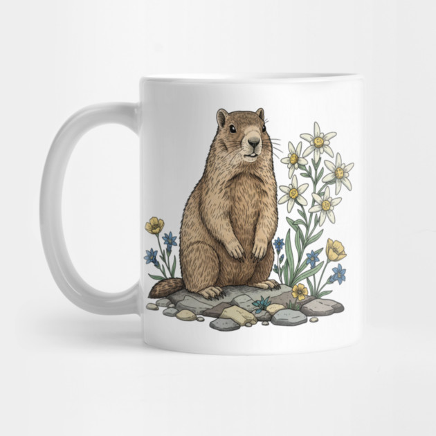 Alpine Marmot with Edelweiss Flowers by BirdsnStuff