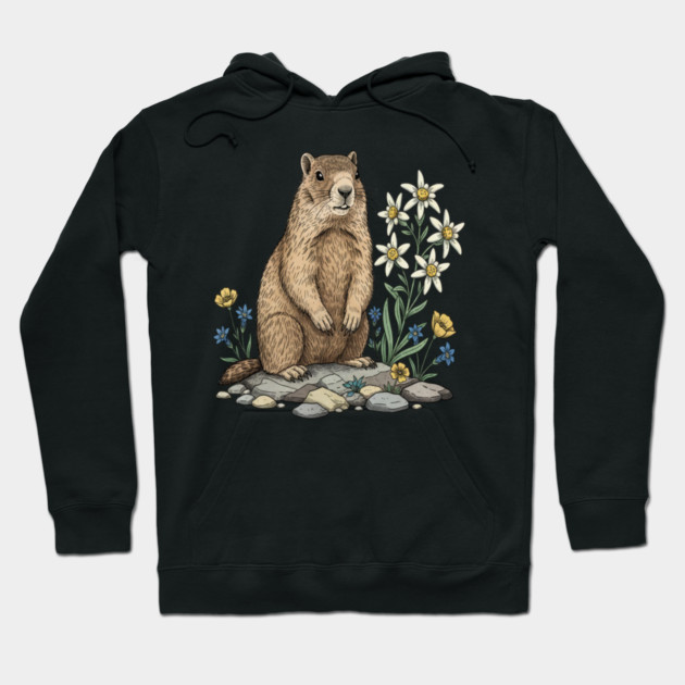 Alpine Marmot with Edelweiss Flowers Hoodie by BirdsnStuff