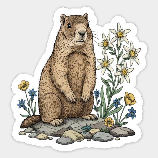 Alpine Marmot with Edelweiss Flowers Magnet by BirdsnStuff