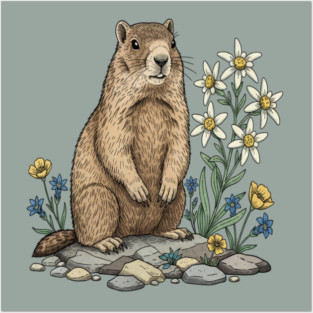 Alpine Marmot with Edelweiss Flowers Posters and Art