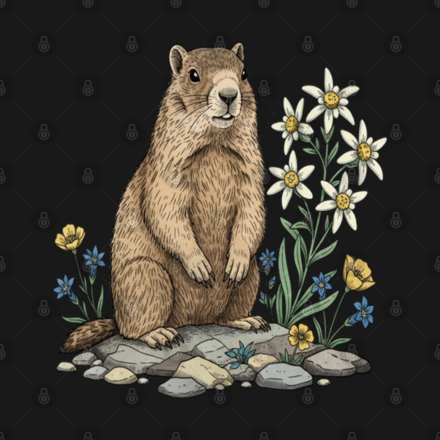 Alpine Marmot with Edelweiss Flowers by BirdsnStuff