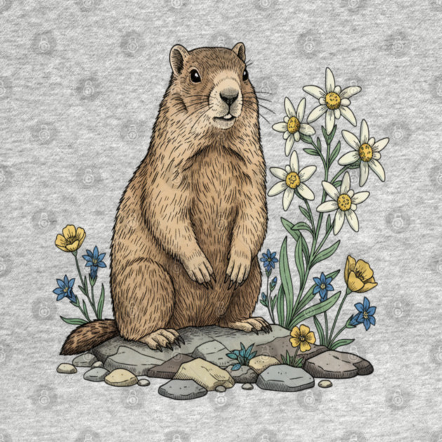 Alpine Marmot with Edelweiss Flowers by BirdsnStuff