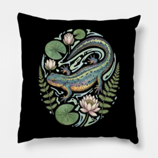 Alpine Newt with Water Lily Art Pillow