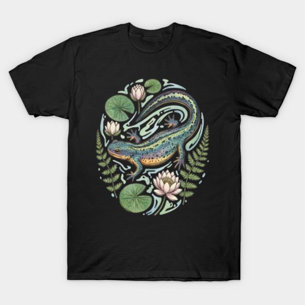 Alpine Newt with Water Lily Art T-Shirt by BirdsnStuff