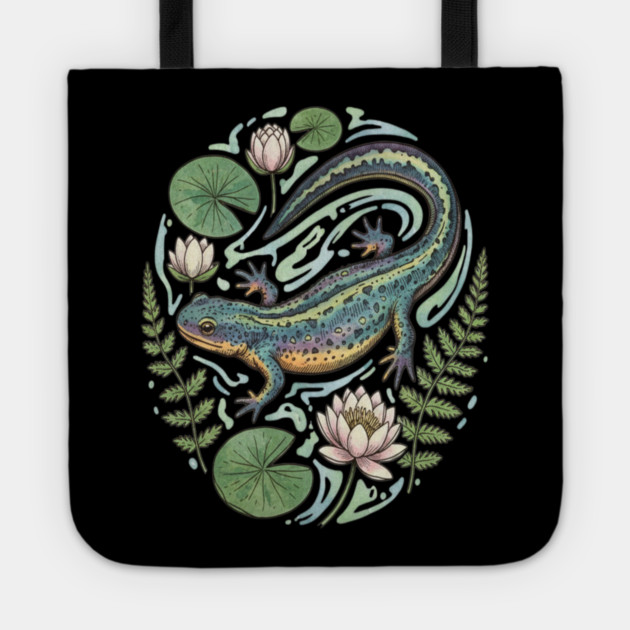 Alpine Newt with Water Lily Art Tote by BirdsnStuff