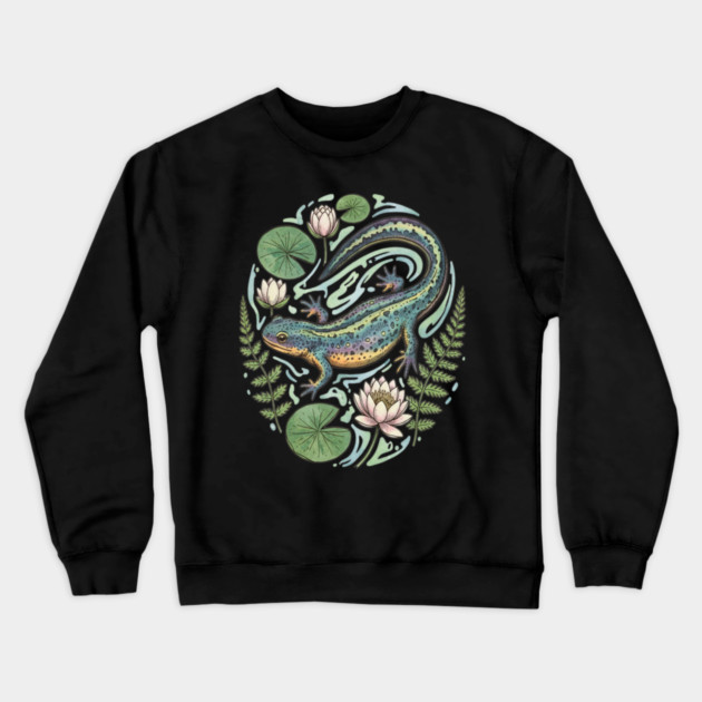 Alpine Newt with Water Lily Art Crewneck Sweatshirt by BirdsnStuff