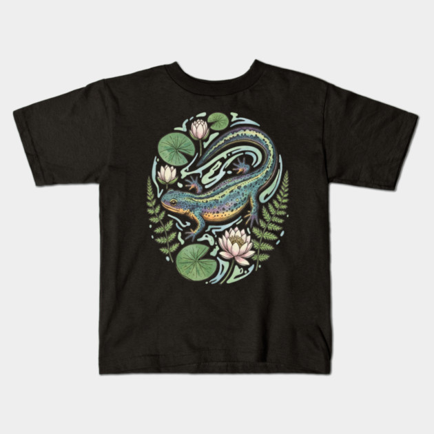 Alpine Newt with Water Lily Art Kids T-Shirt by BirdsnStuff