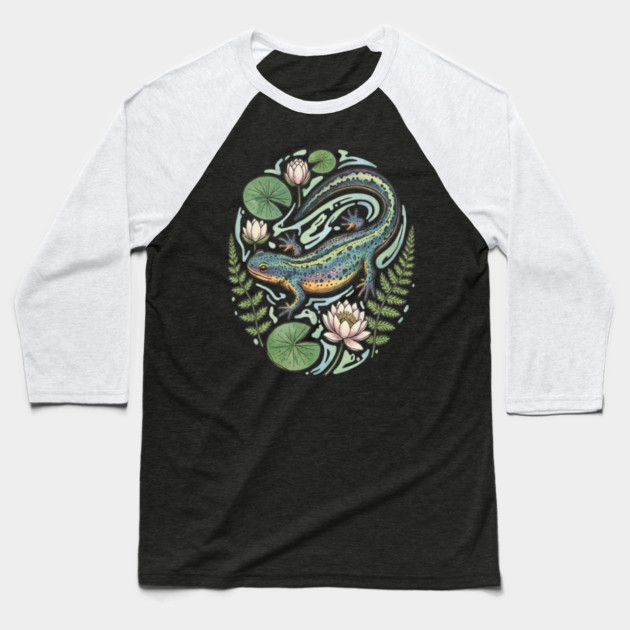 Alpine Newt with Water Lily Art Baseball T-Shirt by BirdsnStuff