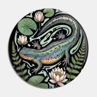 Alpine Newt with Water Lily Art Pin