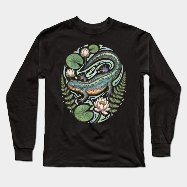 Alpine Newt with Water Lily Art Long Sleeve T-Shirt by BirdsnStuff
