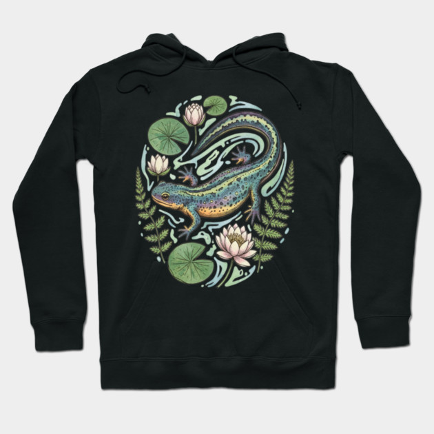 Alpine Newt with Water Lily Art Hoodie by BirdsnStuff
