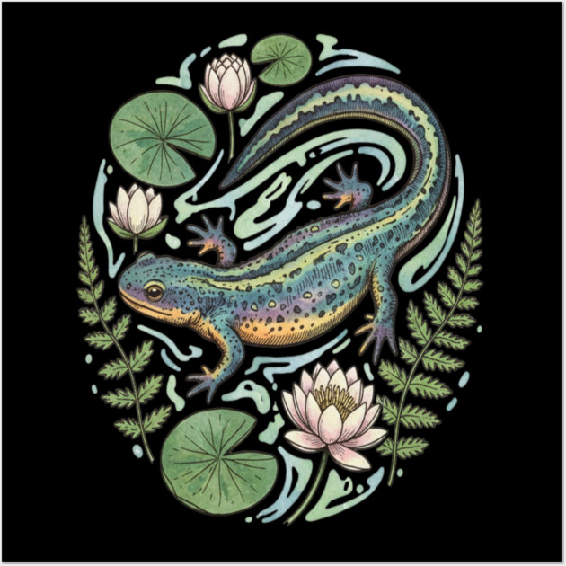 Alpine Newt with Water Lily Art Wall Art by BirdsnStuff
