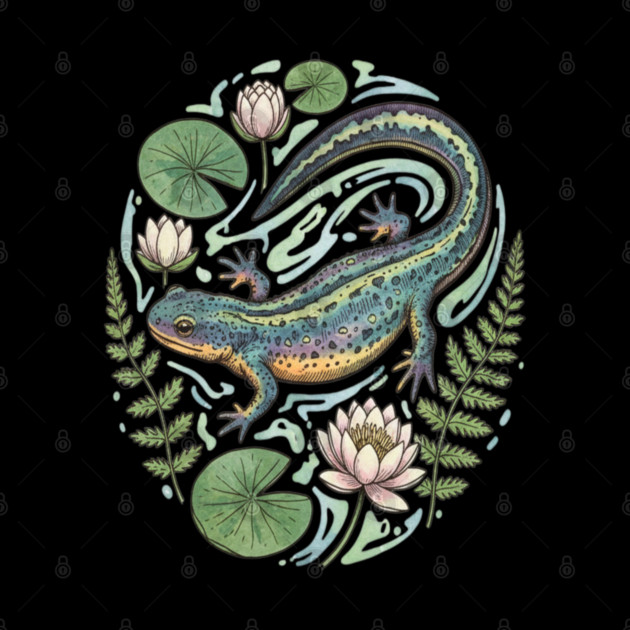 Alpine Newt with Water Lily Art by BirdsnStuff