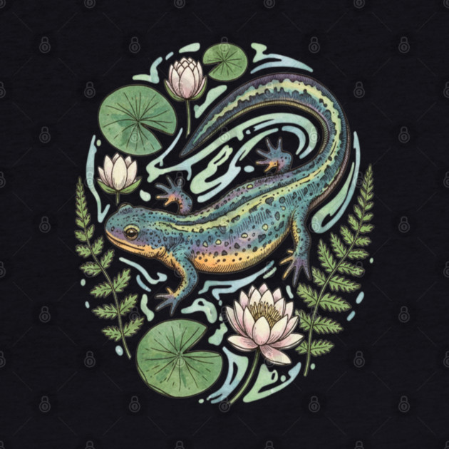 Alpine Newt with Water Lily Art by BirdsnStuff