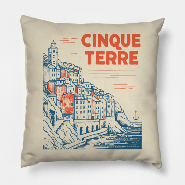 Cinque Terre Italy - Retro Illustrated Coastline Pillow by TuncGK