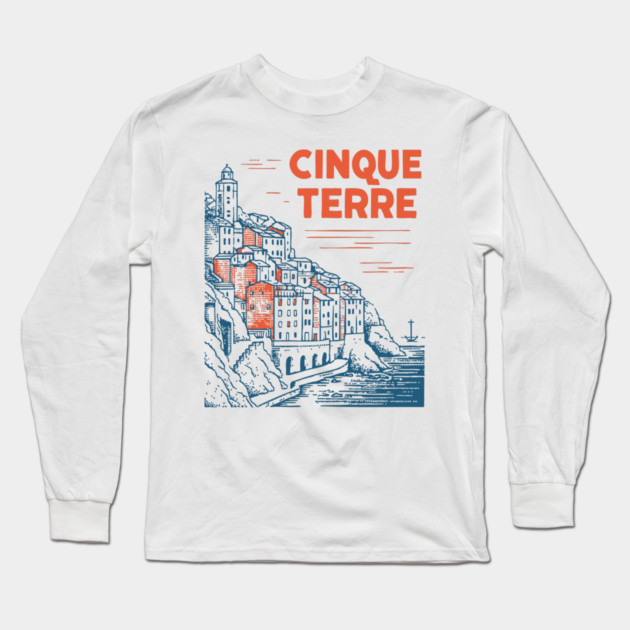 Cinque Terre Italy - Retro Illustrated Coastline Long Sleeve T-Shirt by TuncGK