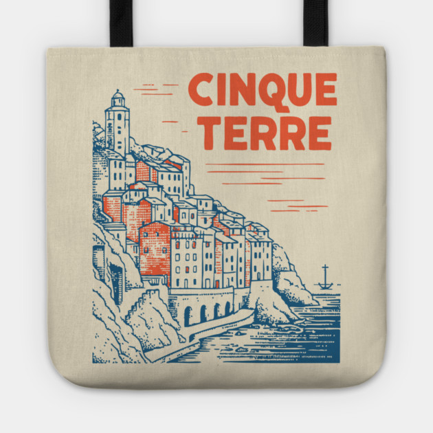 Cinque Terre Italy - Retro Illustrated Coastline Tote by TuncGK
