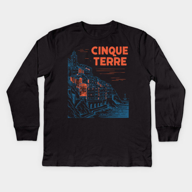 Cinque Terre Italy - Retro Illustrated Coastline Kids Long Sleeve T-Shirt by TuncGK