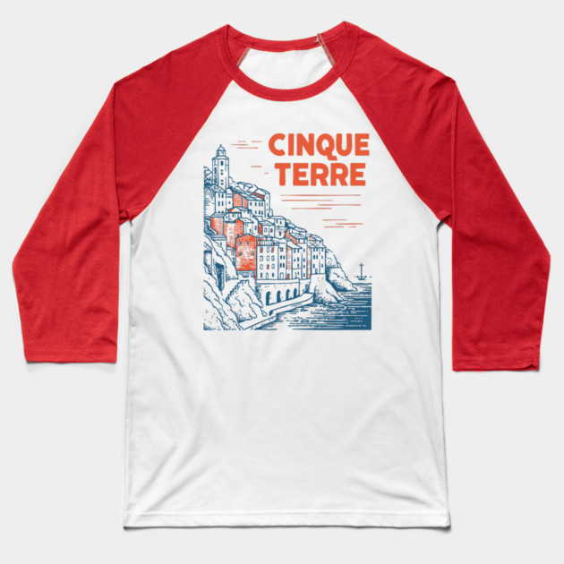 Cinque Terre Italy - Retro Illustrated Coastline Baseball T-Shirt by TuncGK