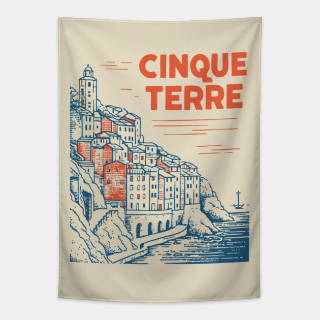 Cinque Terre Italy - Retro Illustrated Coastline Tapestry by TuncGK