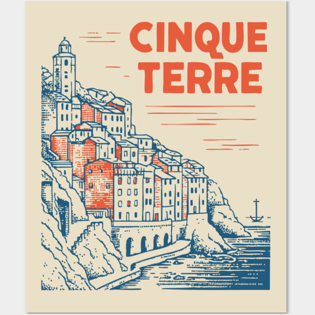 Cinque Terre Italy - Retro Illustrated Coastline Wall Art by TuncGK