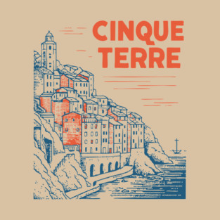 Cinque Terre Italy - Retro Illustrated Coastline T-Shirt