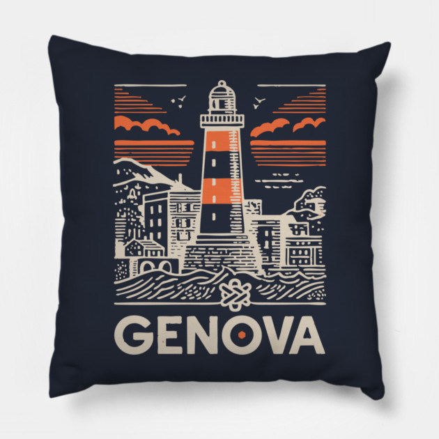 Genoa Italy - Minimalist Lighthouse Linework Pillow by TuncGK