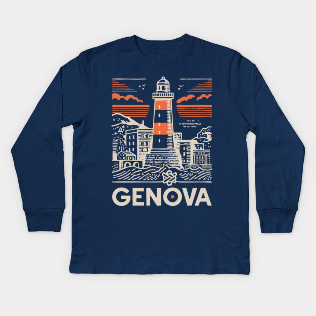 Genoa Italy - Minimalist Lighthouse Linework Kids Long Sleeve T-Shirt by TuncGK