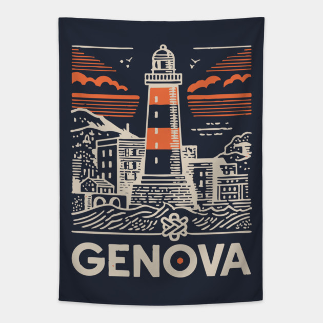 Genoa Italy - Minimalist Lighthouse Linework Tapestry by TuncGK