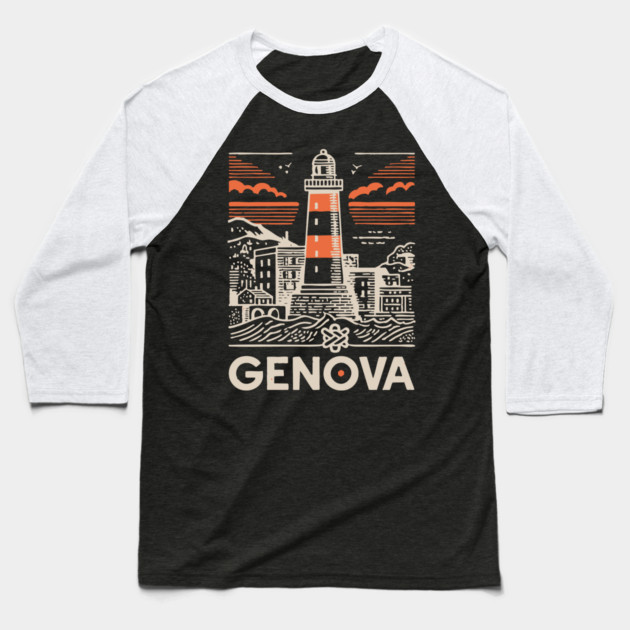 Genoa Italy - Minimalist Lighthouse Linework Baseball T-Shirt by TuncGK