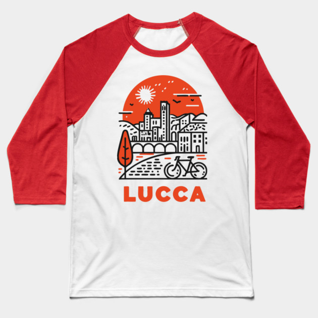 Lucca Italy - Minimalist Piazza Linework Baseball T-Shirt by TuncGK