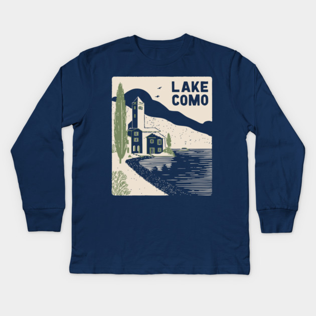 Lake Como Italy - Minimalist Villa Linework Kids Long Sleeve T-Shirt by TuncGK