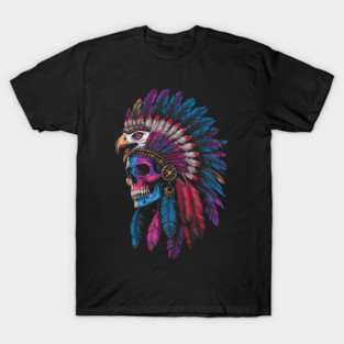 Native American Indian Eagle Chief Skull Headdress Biker T-Shirt