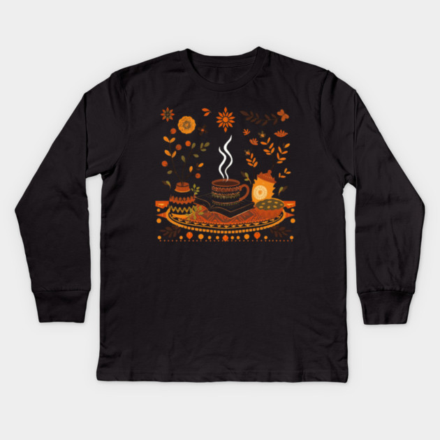 Retro Coffee Reading Time books Kids Long Sleeve T-Shirt by SR8891