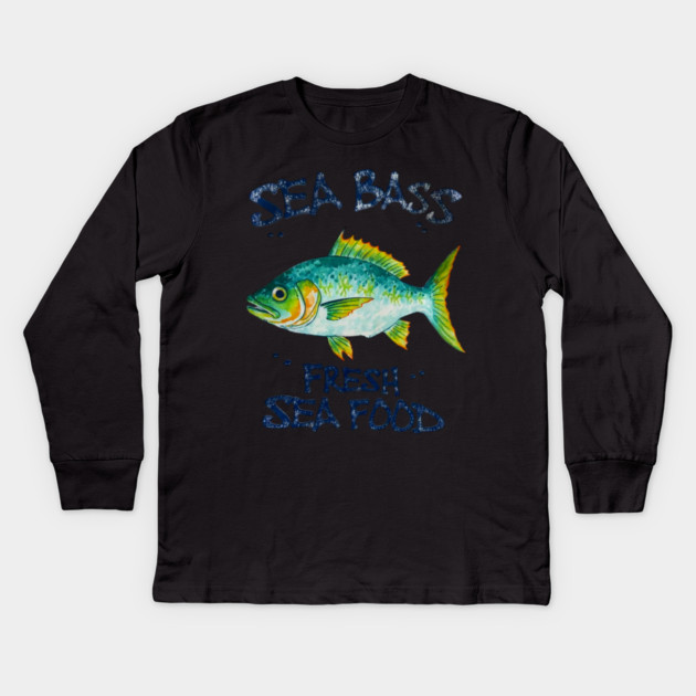Sea Bass Fresh Seafood Watercolor Style Graphic Kids Long Sleeve T-Shirt by Art2Wear