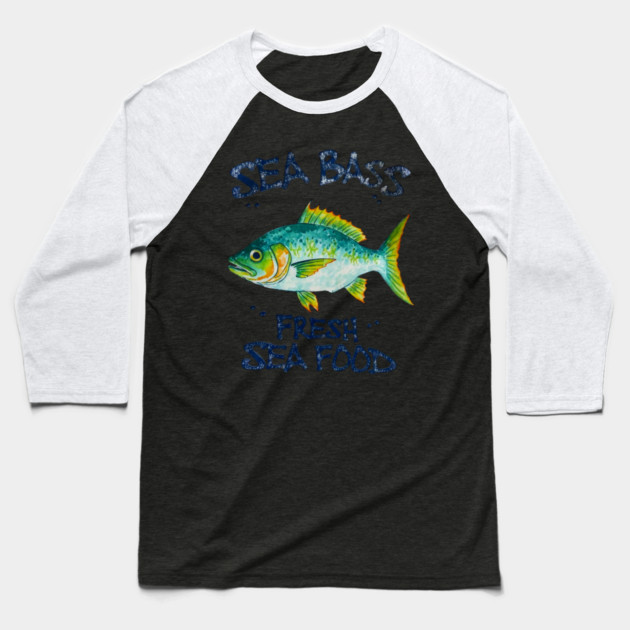 Sea Bass Fresh Seafood Watercolor Style Graphic Baseball T-Shirt by Art2Wear