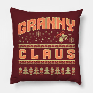 Fun Granny Claus knitted Christmas sweater pattern with snowflakes, Santa, and trees Pillow