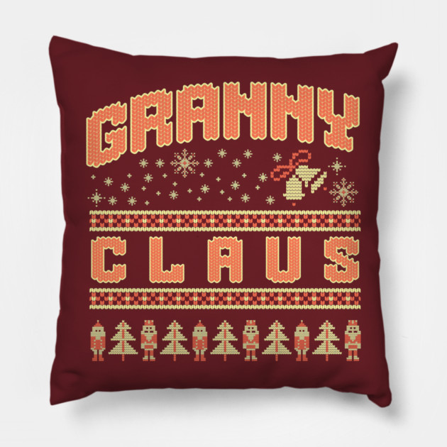 Fun Granny Claus knitted Christmas sweater pattern with snowflakes, Santa, and trees Pillow by DonWillisJrArt