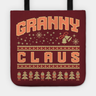 Fun Granny Claus knitted Christmas sweater pattern with snowflakes, Santa, and trees Tote