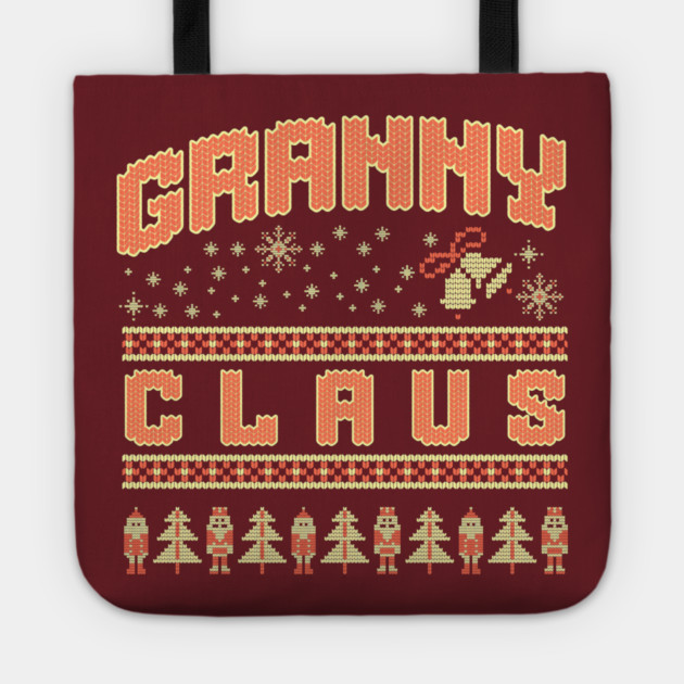 Fun Granny Claus knitted Christmas sweater pattern with snowflakes, Santa, and trees Tote by DonWillisJrArt