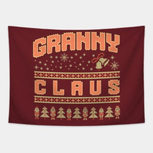 Fun Granny Claus knitted Christmas sweater pattern with snowflakes, Santa, and trees Tapestry