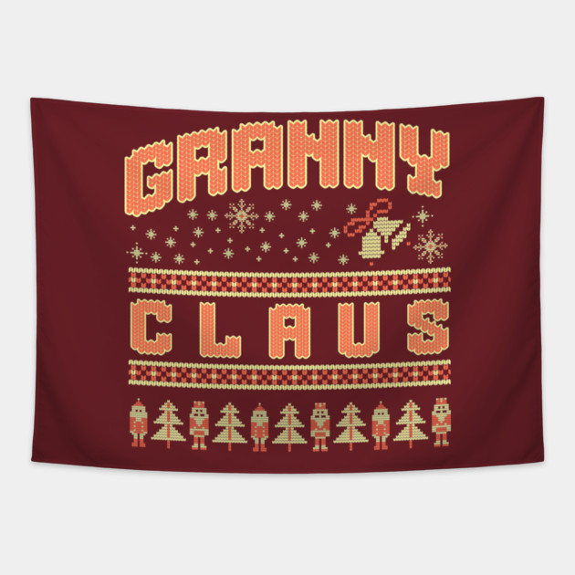 Fun Granny Claus knitted Christmas sweater pattern with snowflakes, Santa, and trees Tapestry by DonWillisJrArt