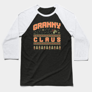 Fun Granny Claus knitted Christmas sweater pattern with snowflakes, Santa, and trees Baseball T-Shirt