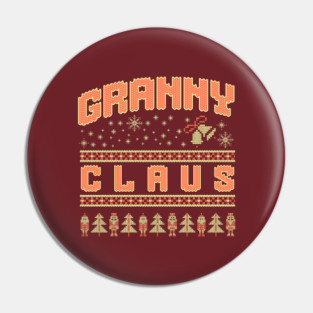Fun Granny Claus knitted Christmas sweater pattern with snowflakes, Santa, and trees Pin