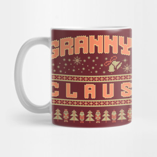 Fun Granny Claus knitted Christmas sweater pattern with snowflakes, Santa, and trees Mug