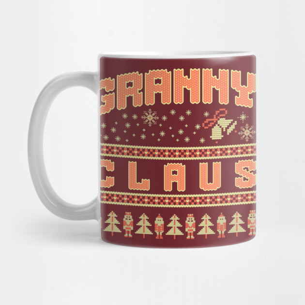 Fun Granny Claus knitted Christmas sweater pattern with snowflakes, Santa, and trees by DonWillisJrArt