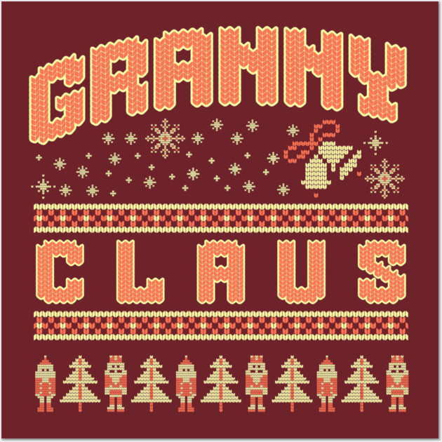Fun Granny Claus knitted Christmas sweater pattern with snowflakes, Santa, and trees Wall Art by DonWillisJrArt