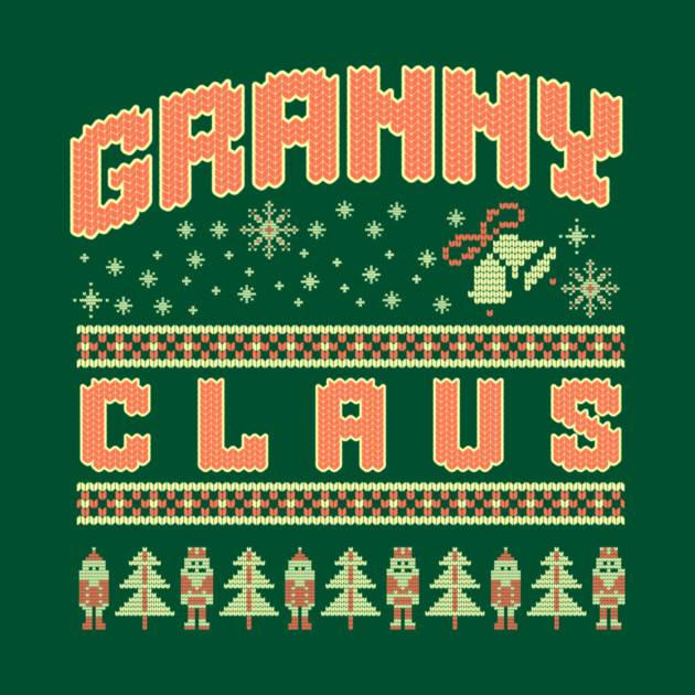 Fun Granny Claus knitted Christmas sweater pattern with snowflakes, Santa, and trees by DonWillisJrArt