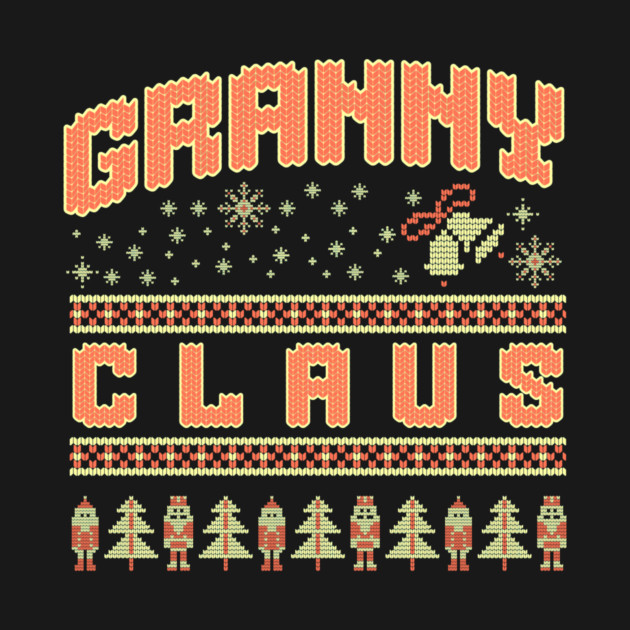 Fun Granny Claus knitted Christmas sweater pattern with snowflakes, Santa, and trees by DonWillisJrArt